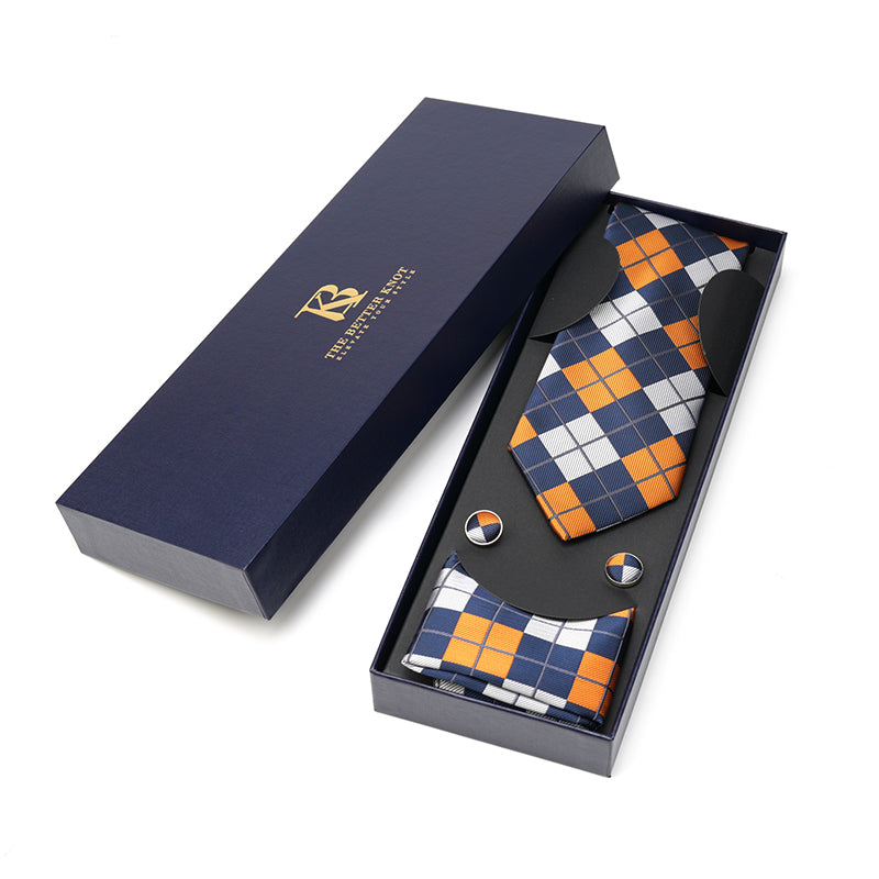 Navy Blue, Light Gray and Orange Pattern Silk Tie Set