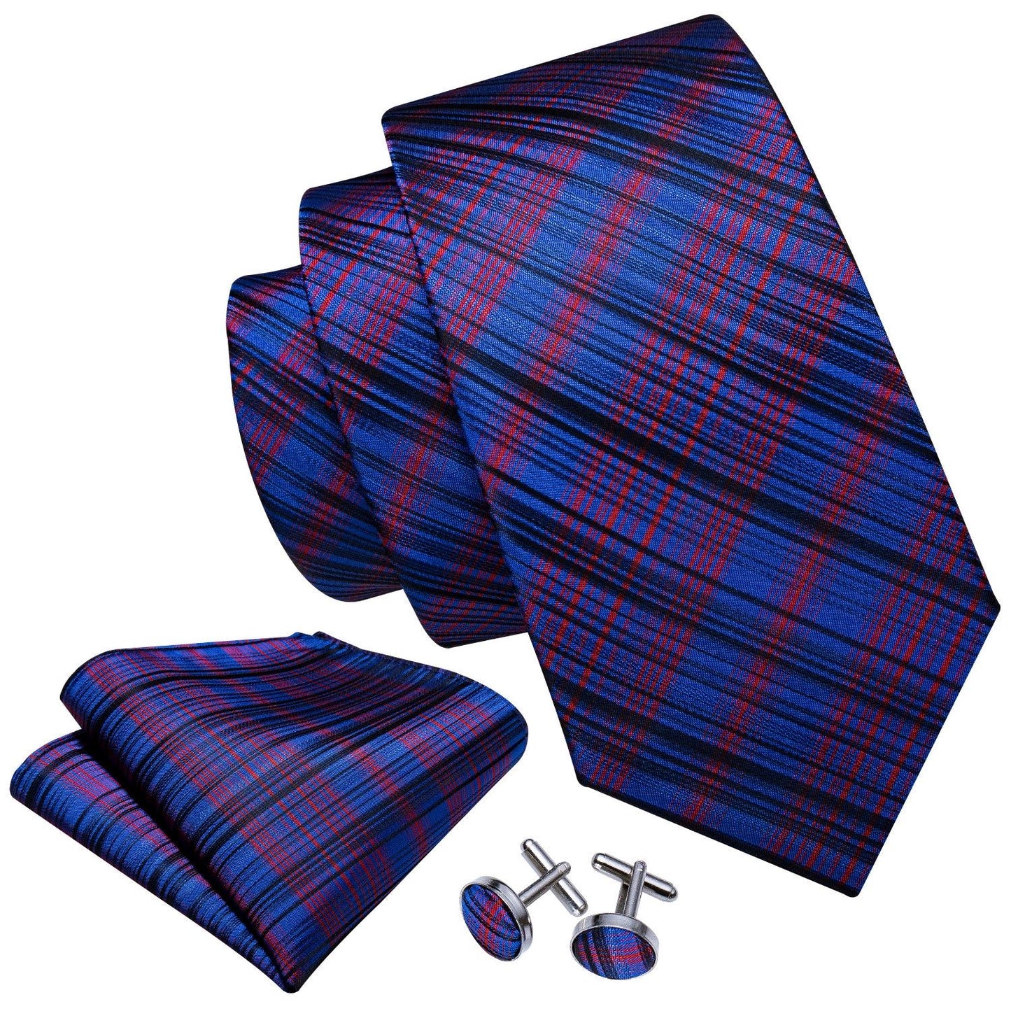 Royal Blue / Black & Red Lines Silk Tie Set