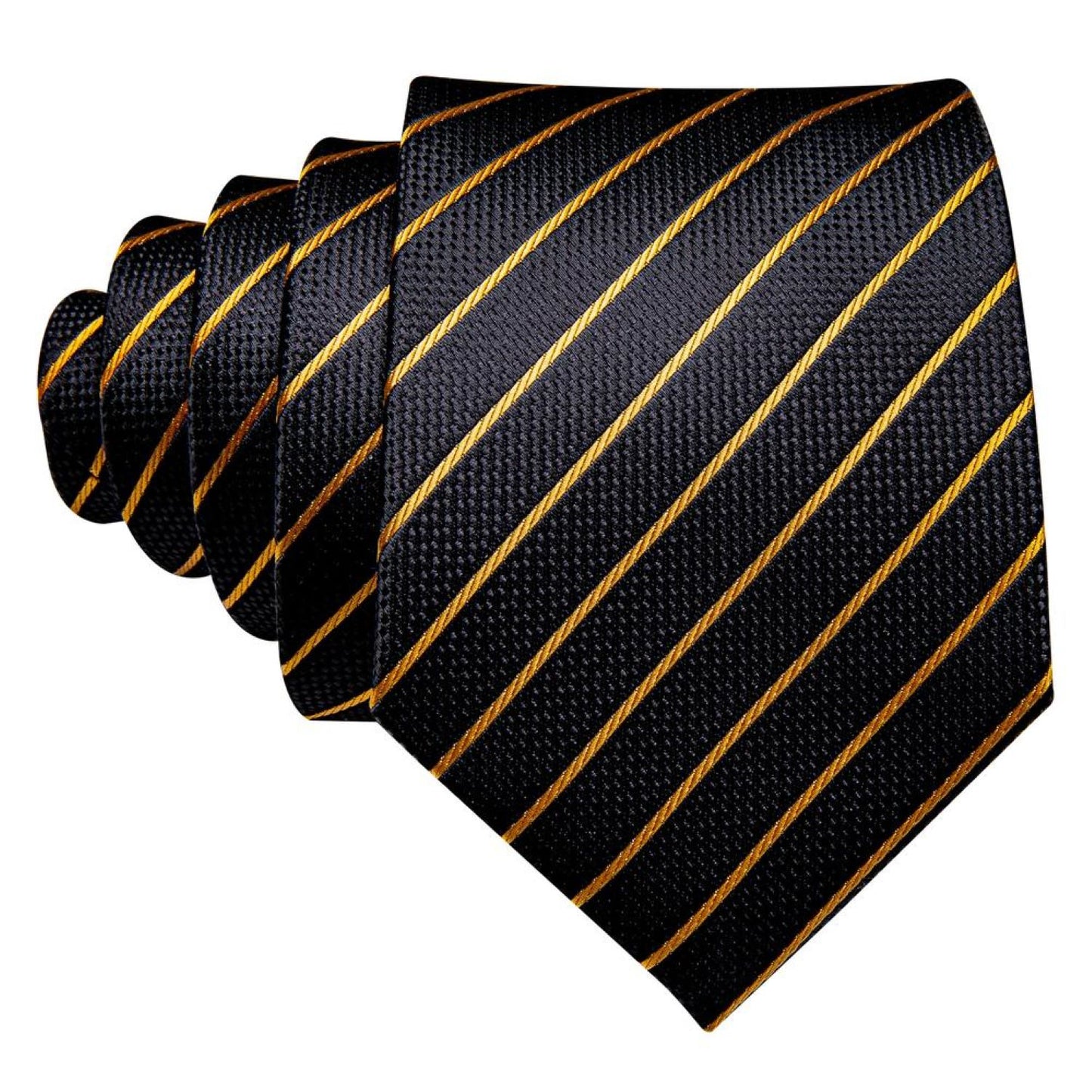 Black Silk Tie Set with Gold Diagonal Lines
