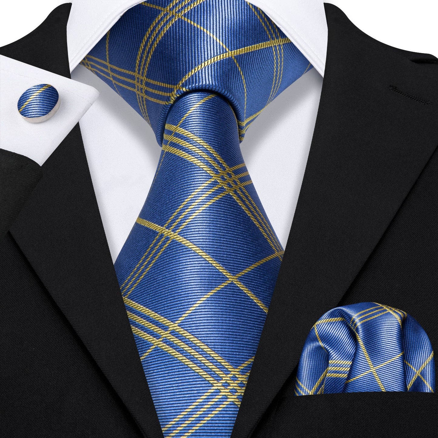 "Premium silk tie set in Blue with Gold diagonal Lines, including a matching pocket square and cufflinks. Sophisticated and versatile for any occasion. Crafted for timeless elegance."