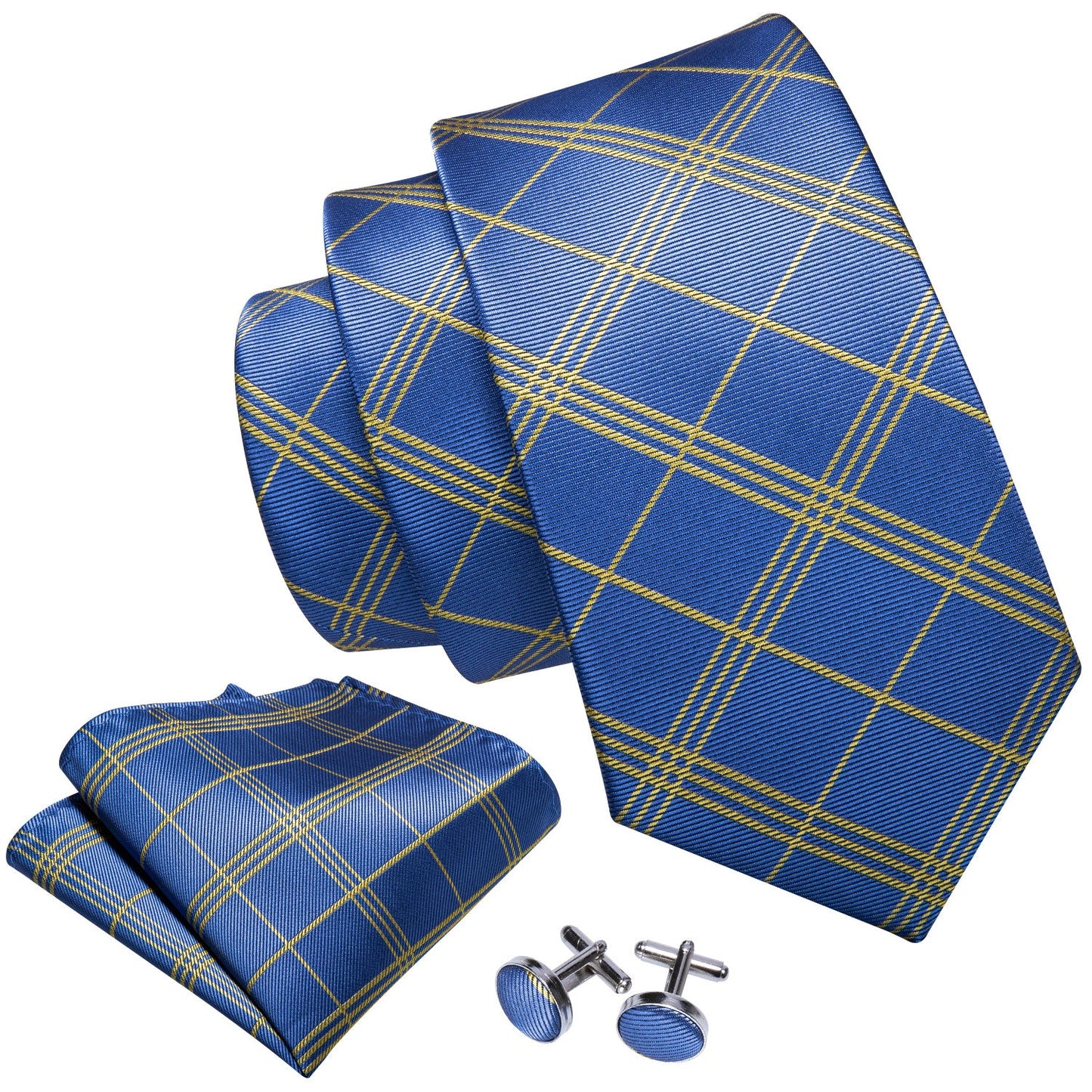 Blue tie set with gold diagonal lines
