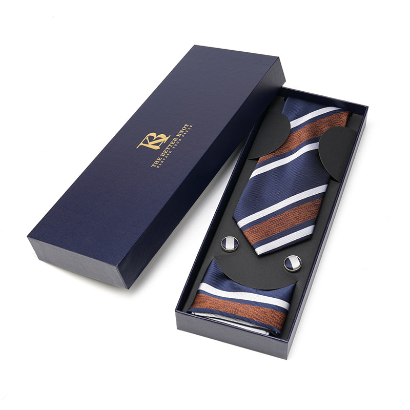 Navy Blue Silk Tie Set with Brown and white diagonal Stripes