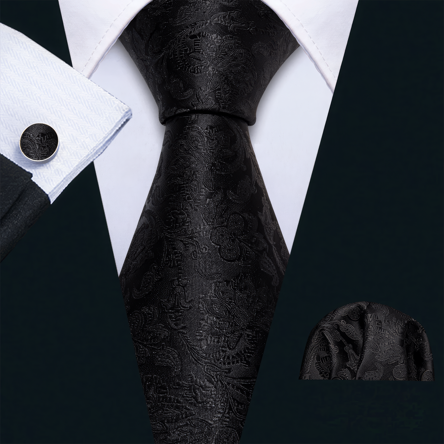 Black Silk Tie Set – 63" Length (Paisley Pattern)