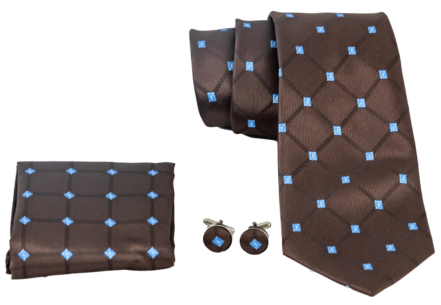 Chocolate Brown Tie Set with light blue Pattern
