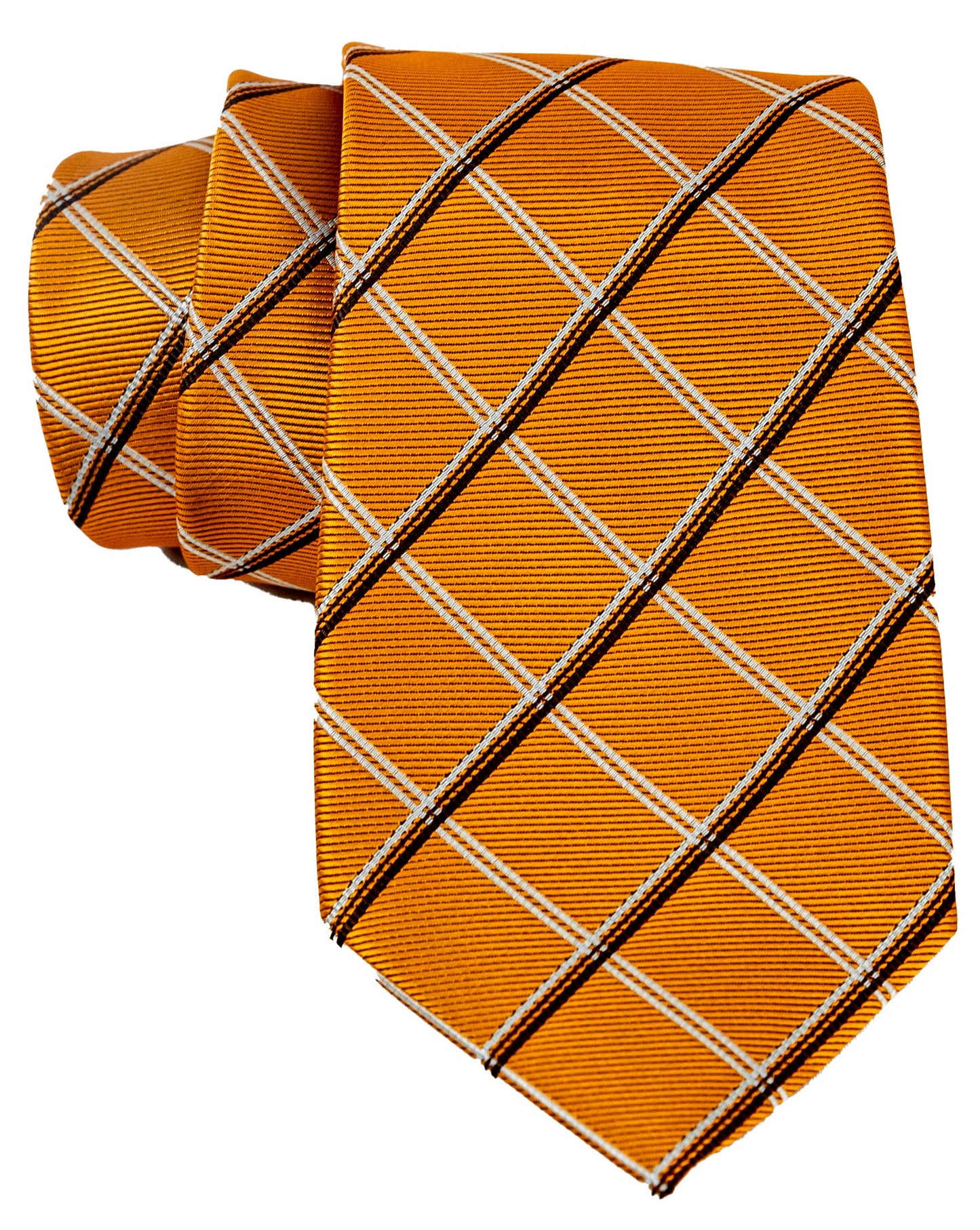 Gold silk Tie Set with White and Black Diagonal Lines