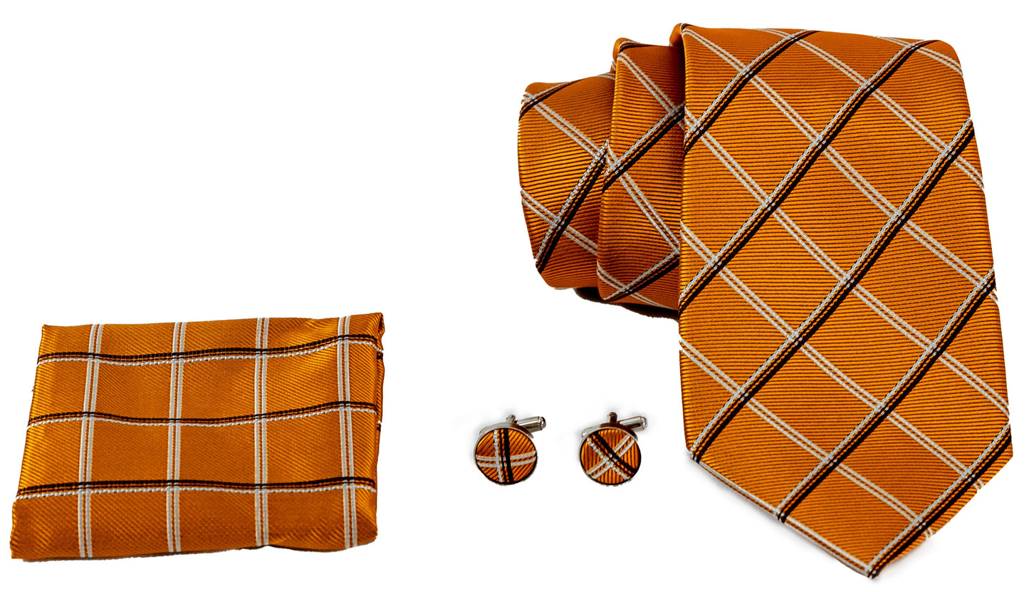 Gold silk Tie Set with White and Black Diagonal Lines