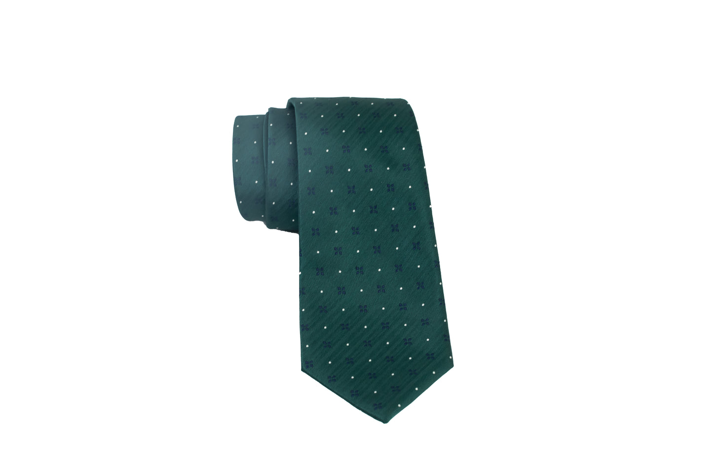 Hunter Green Silk Tie Set with Small Blue and White Design