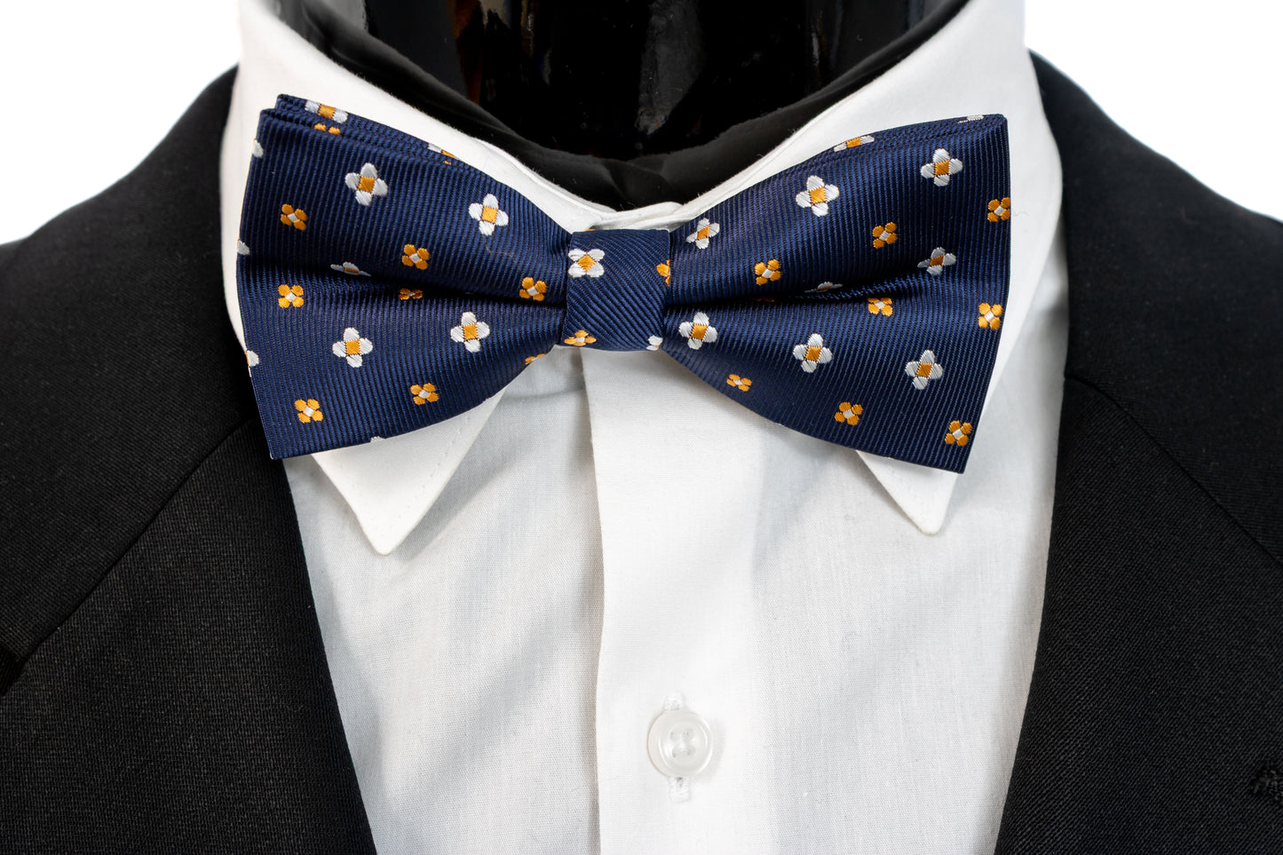 Navy Blue, white, orange Silk Pretied Bow Tie