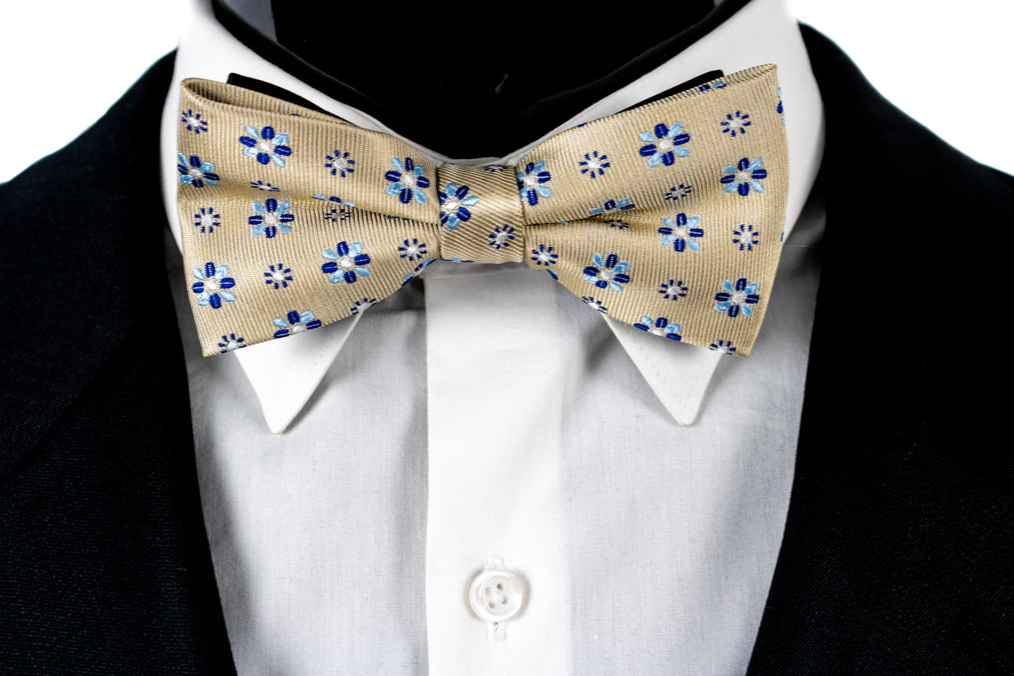 Tan, white and Blue Silk Pretied Bow Tie