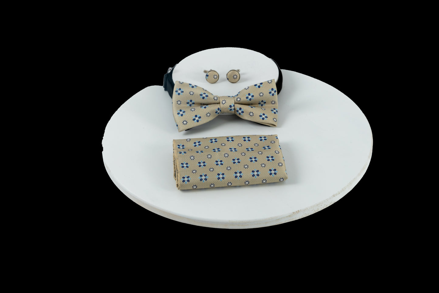 Tan, white and Blue Silk Pretied Bow Tie