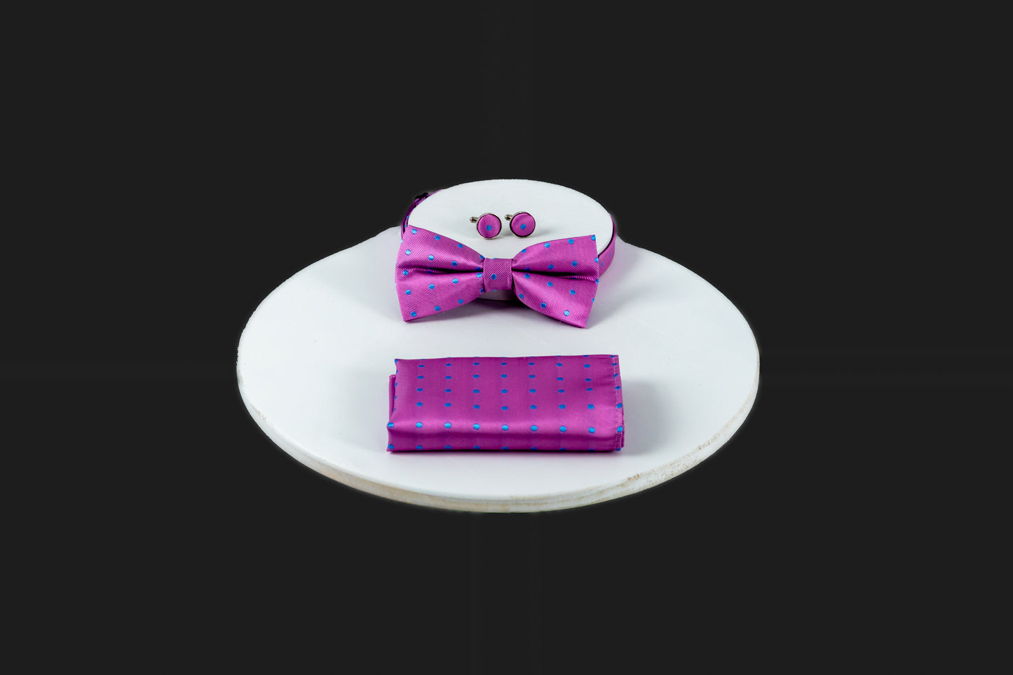 Pink Silk Pretied Bow Tie W/ Small Blue Dots