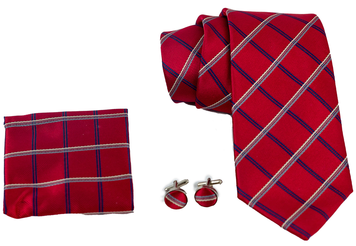 Regal Red Tie Set with Navy Blue and White diagonal lines
