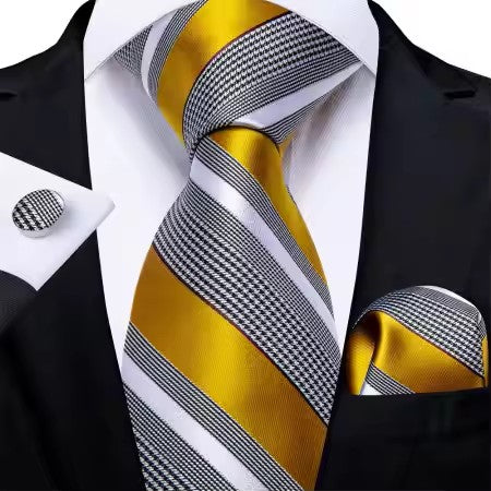 Gold and Gray Stripe Silk Tie Set