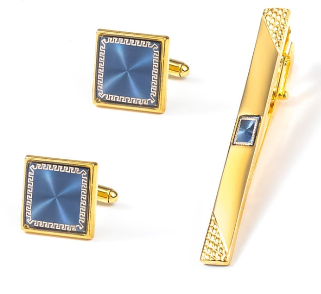 The Azure Frame Gold Square Cufflink & Tie Bar Set