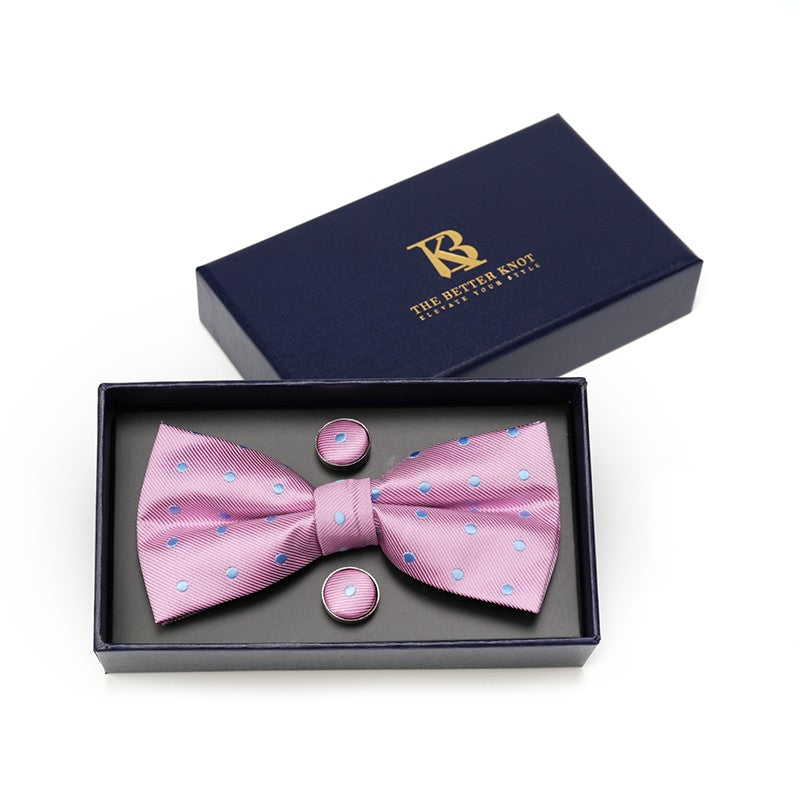 Pink Silk Pretied Bow Tie W/ Small Blue Dots