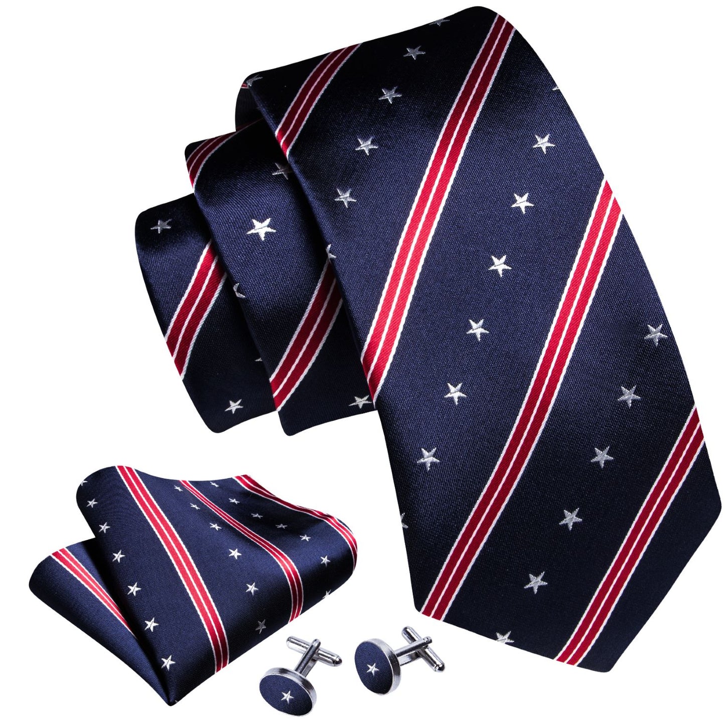 Navy Blue Silk Tie Set with Stars & Red Stripes