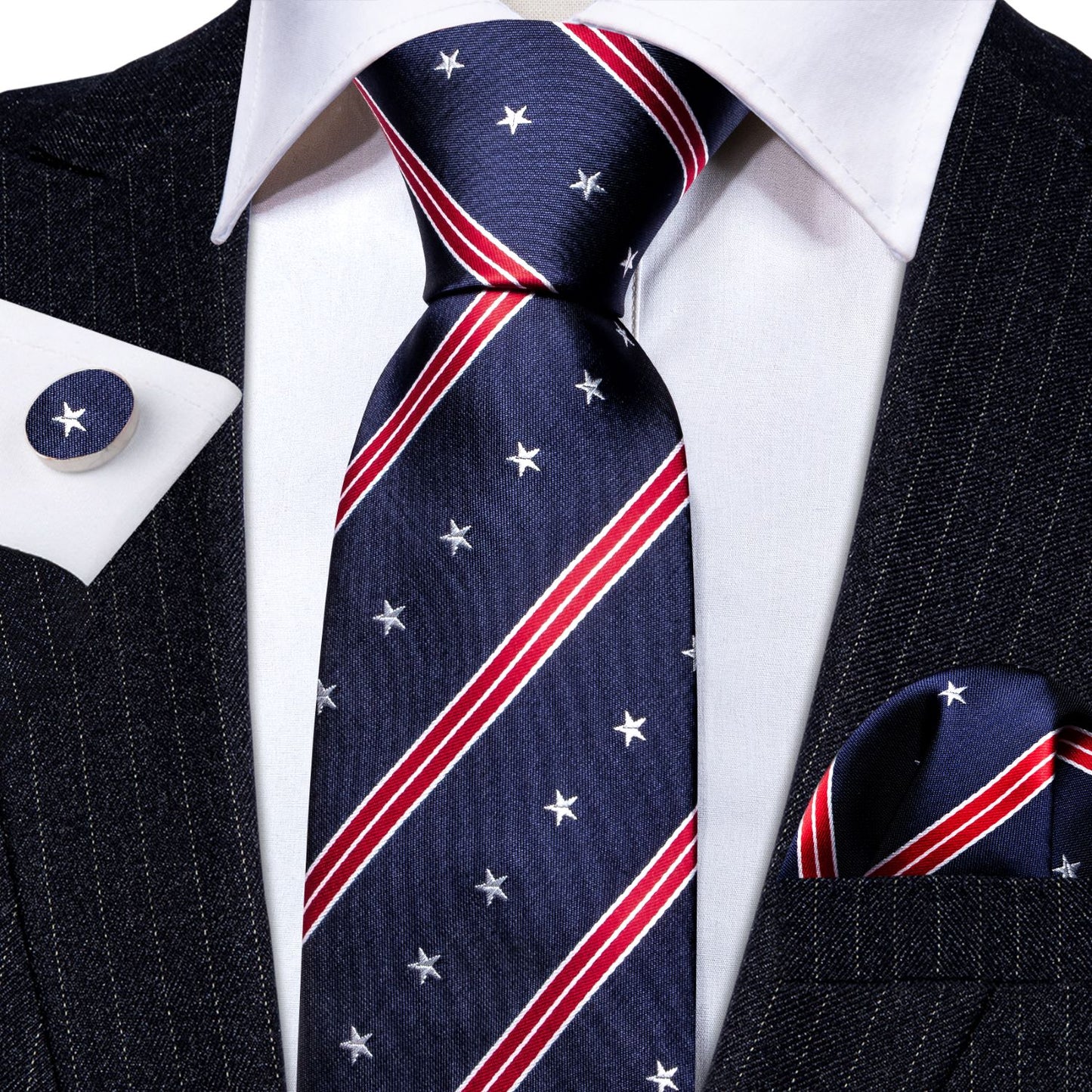Navy Blue Silk Tie Set with Stars & Red Stripes