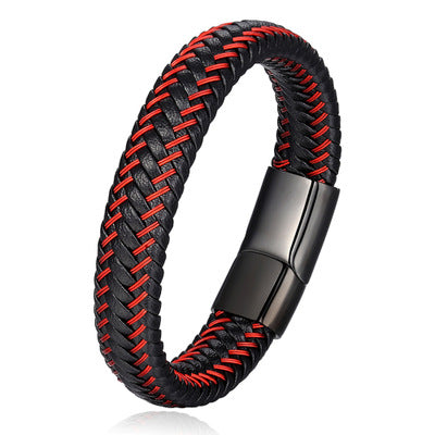 This bold red and black braided leather men's bracelet, is bold and vibrant for a striking look.