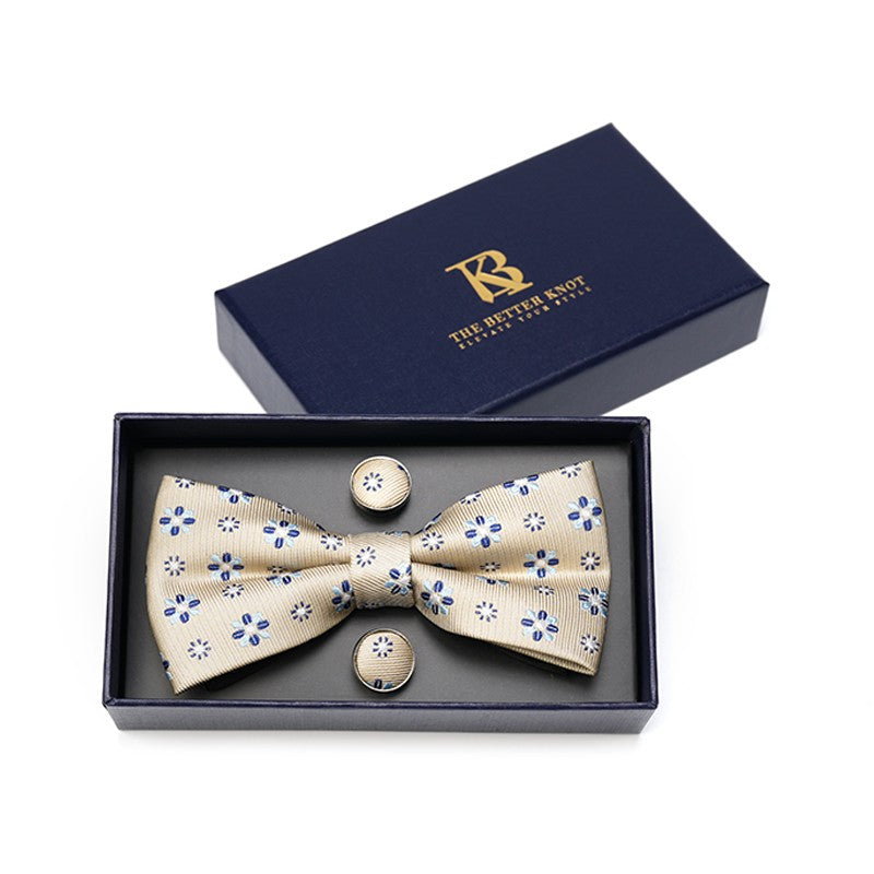 Tan, white and Blue Silk Pretied Bow Tie
