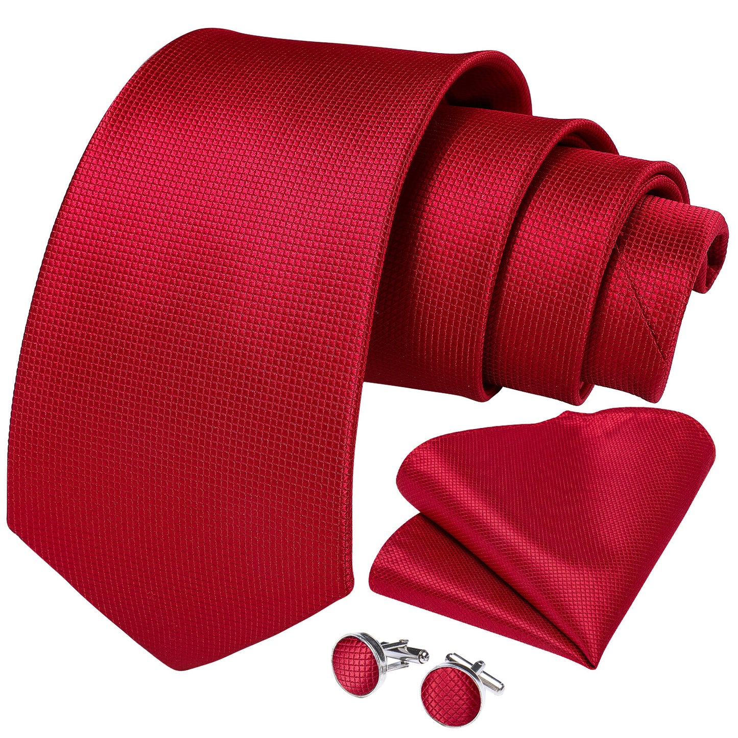 Red Texture silk tie set with matching pocket square and  cufflinks displayed together on a white background.”