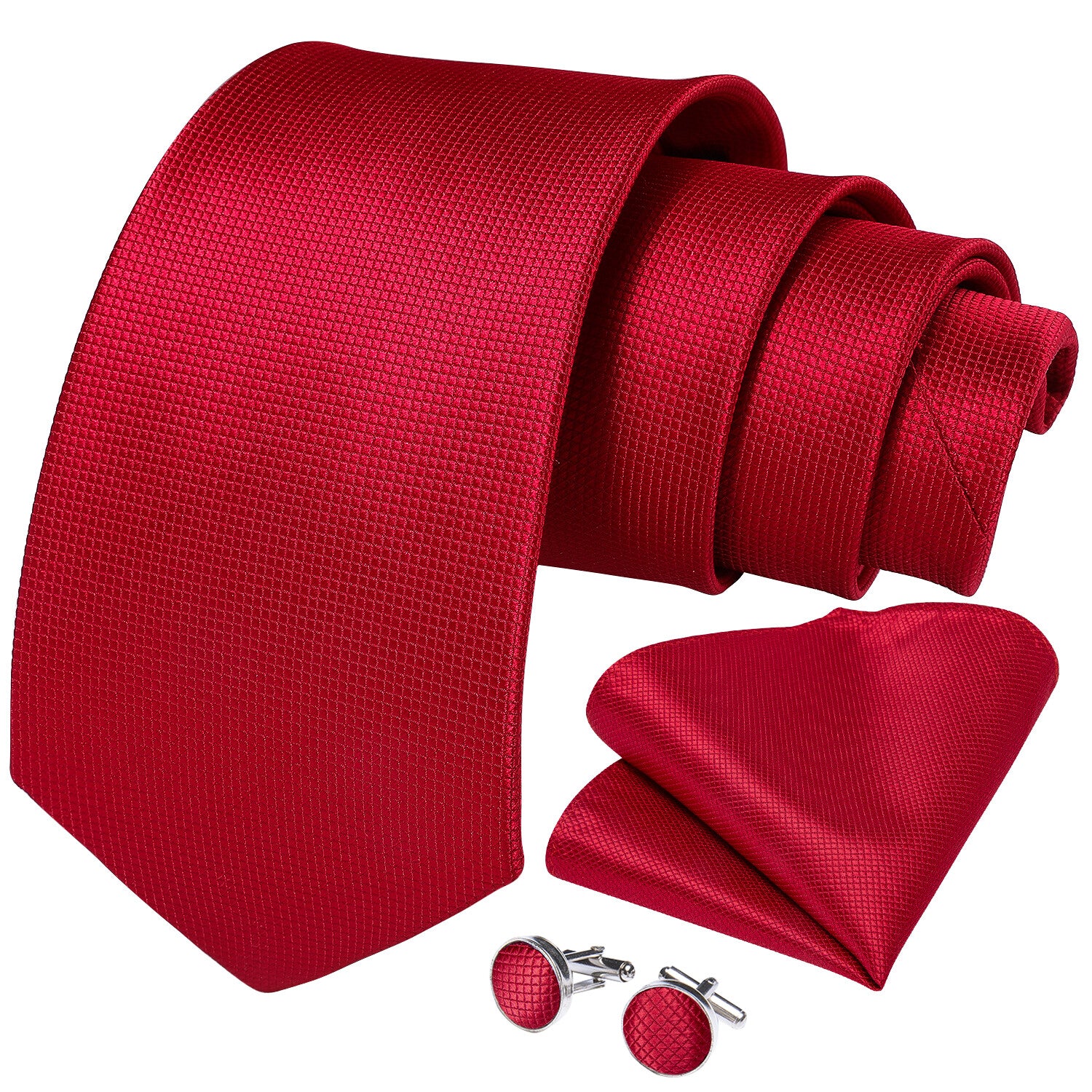 Red Texture silk tie set with matching pocket square and  cufflinks displayed together on a white background.”