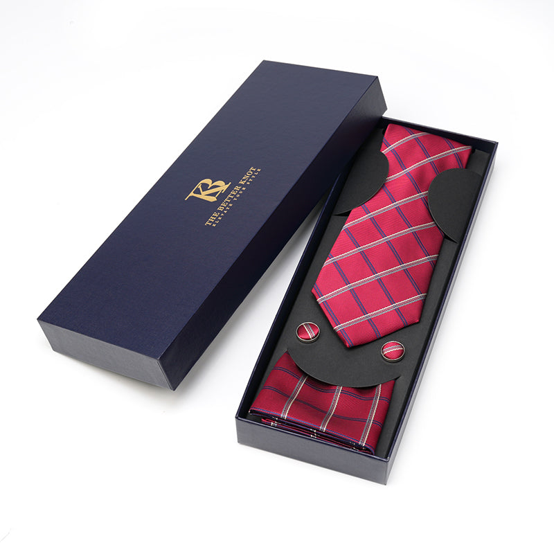 Regal Red Tie Set with Navy Blue and White diagonal lines