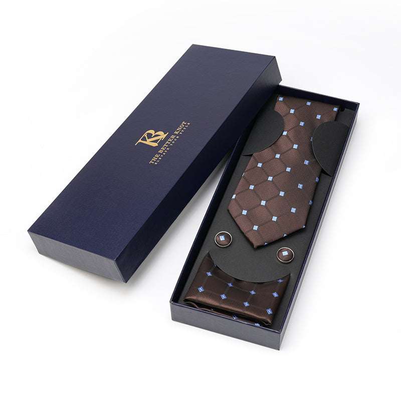 Chocolate Brown Tie Set with light blue Pattern