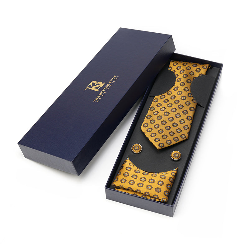 Gold Silk Tie Set with a Geometric Pattern