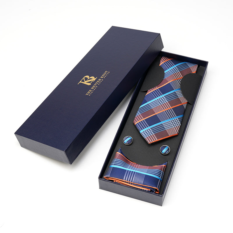 Navy Blue and Orange Silk Tie Set