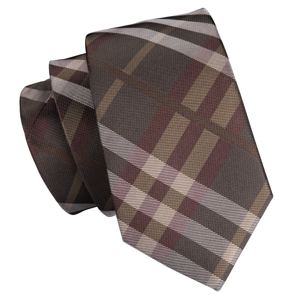 Brown, taupe, and beige plaid silk tie rolled flat, showing detailed weave and pattern on a white background.