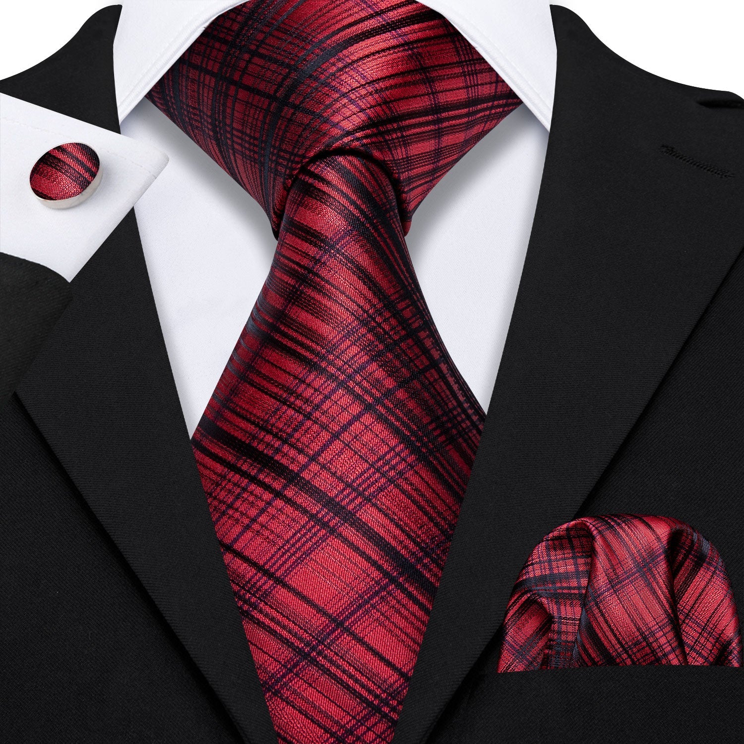 "Premium silk tie set in Dark Red with Black Diagonal Lines, including a matching pocket square and cufflinks. Sophisticated and versatile for any occasion. Crafted for timeless elegance."