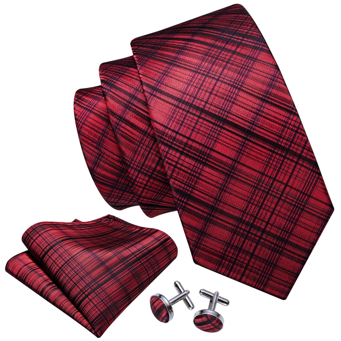 Dark Red Tie Set with Diagonal Black Lines