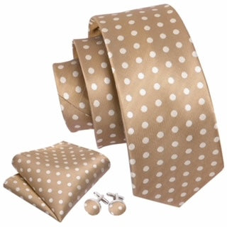 Tan with Cream polka-dots Silk Tie Set