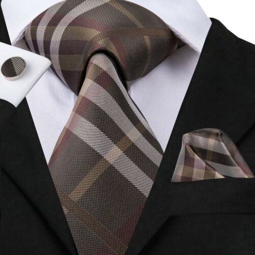 58 -inch brown, taupe, and beige plaid silk tie set with matching pocket square and cufflinks.”