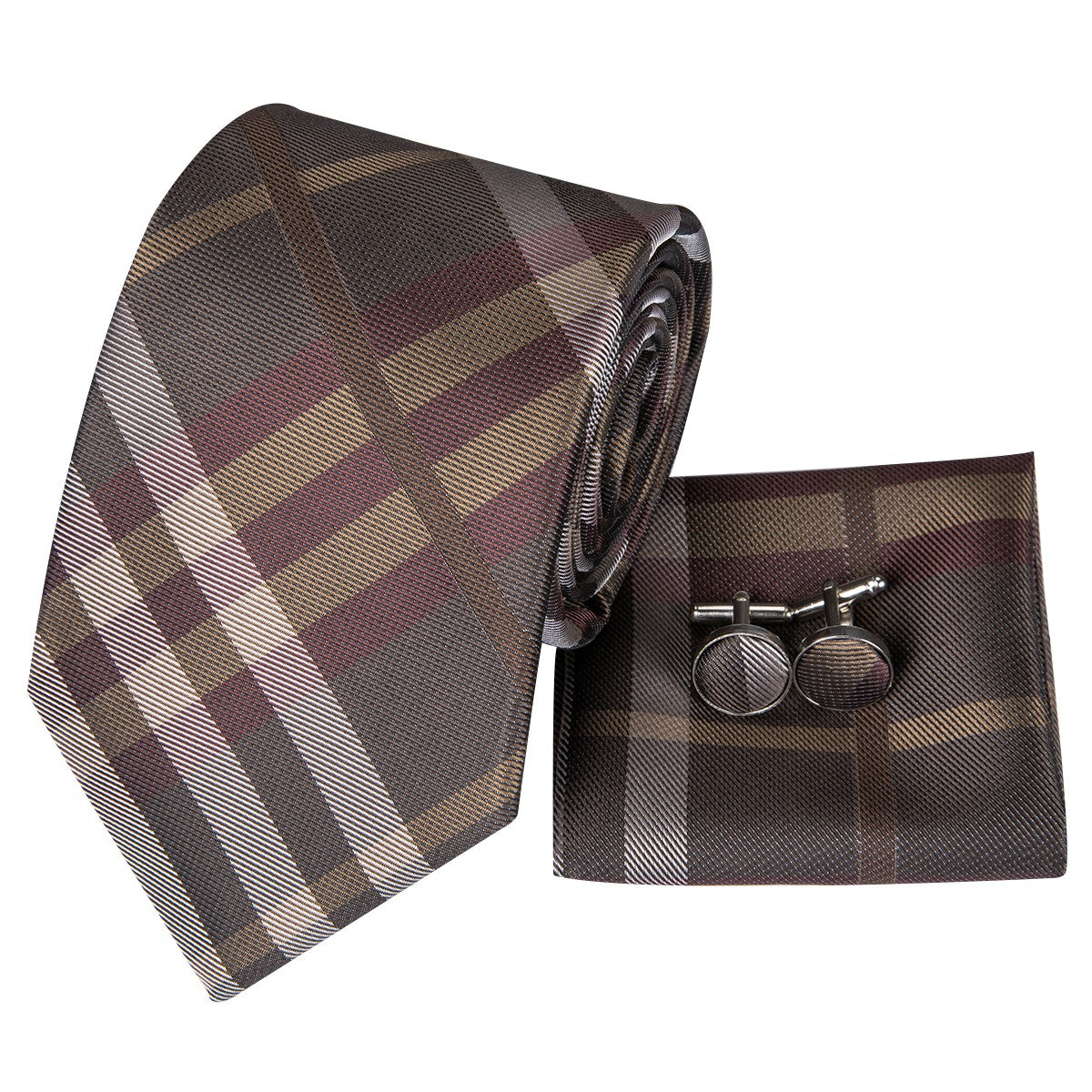 Brown plaid silk tie set with matching  pocket square and cufflinks.