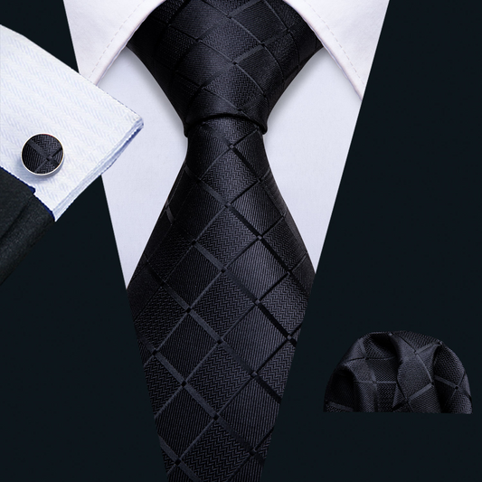 Black Silk Tie Set – 63" Length (Diamond Patterns)