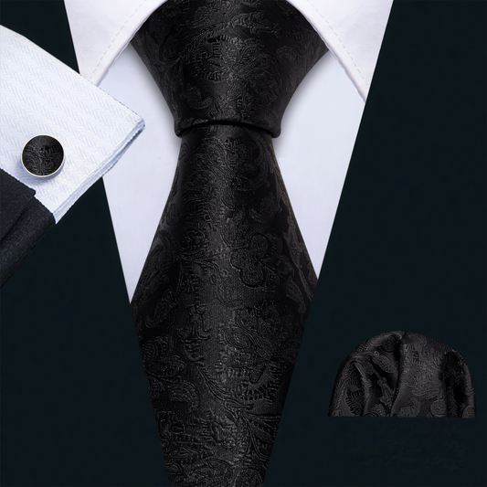 Black Silk Tie Set – 63" Length (Paisley Pattern)