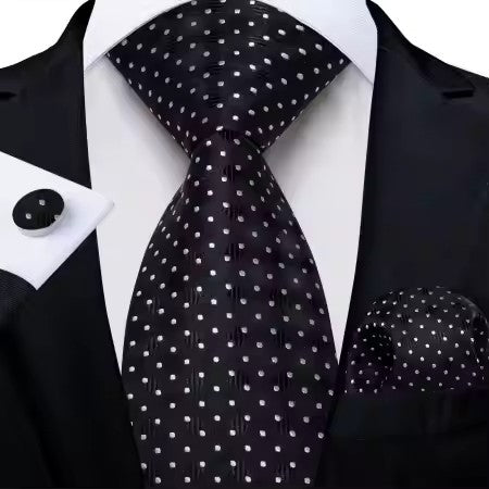 Black Silk Tie Set with Small Silver Dots