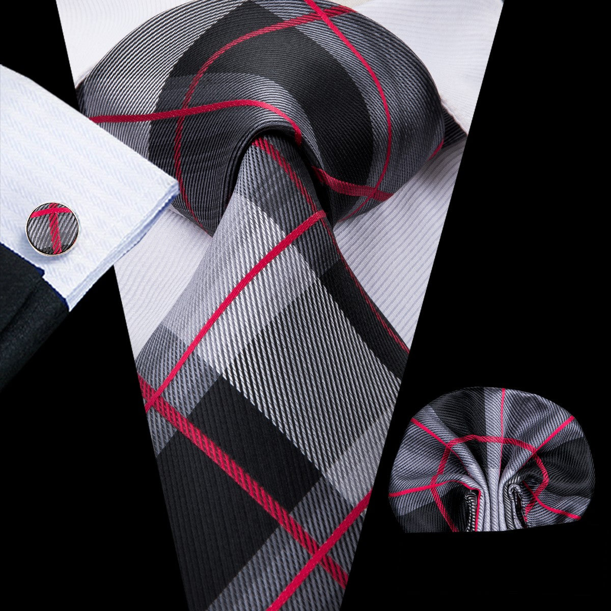 Black, gray, and red plaid silk tie set with matching pocket square and cufflinks.”