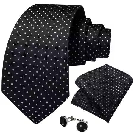 Black Silk Tie Set with Small Silver Dots