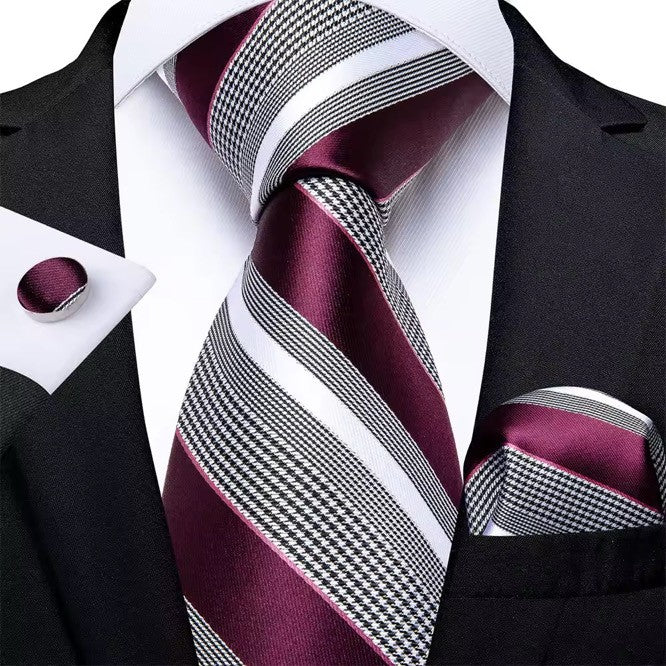 Burgundy, Gray and White Silk Tie Set