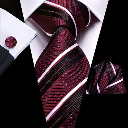 Silk tie with matching pocket square and cufflinks. Perfect for all occasions, formal, professional, & church events.