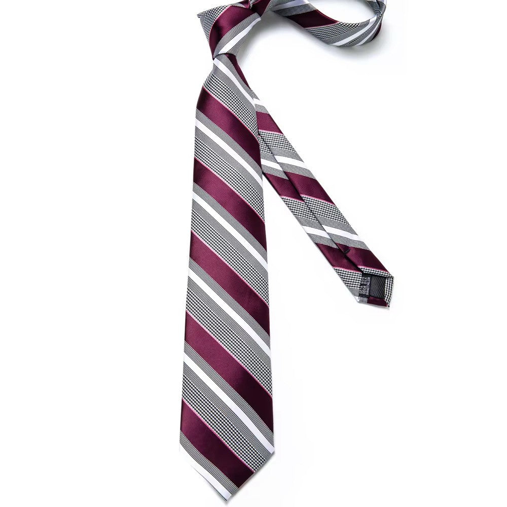 Burgundy, Gray and White Silk Tie Set