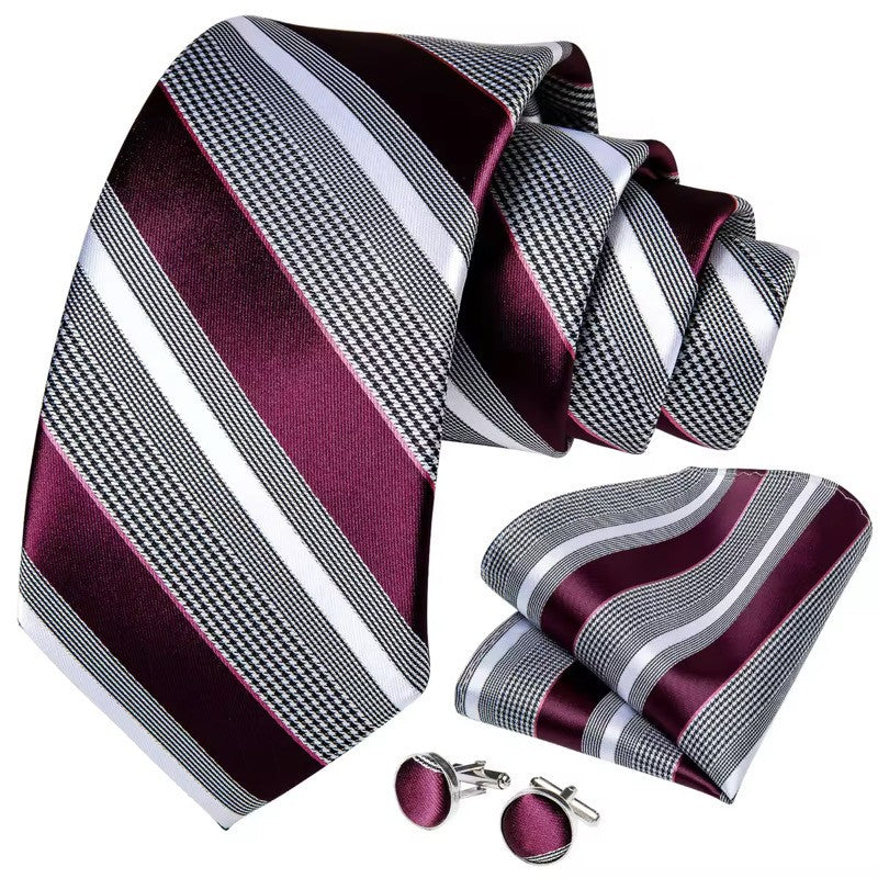 Burgundy, Gray and White Silk Tie Set