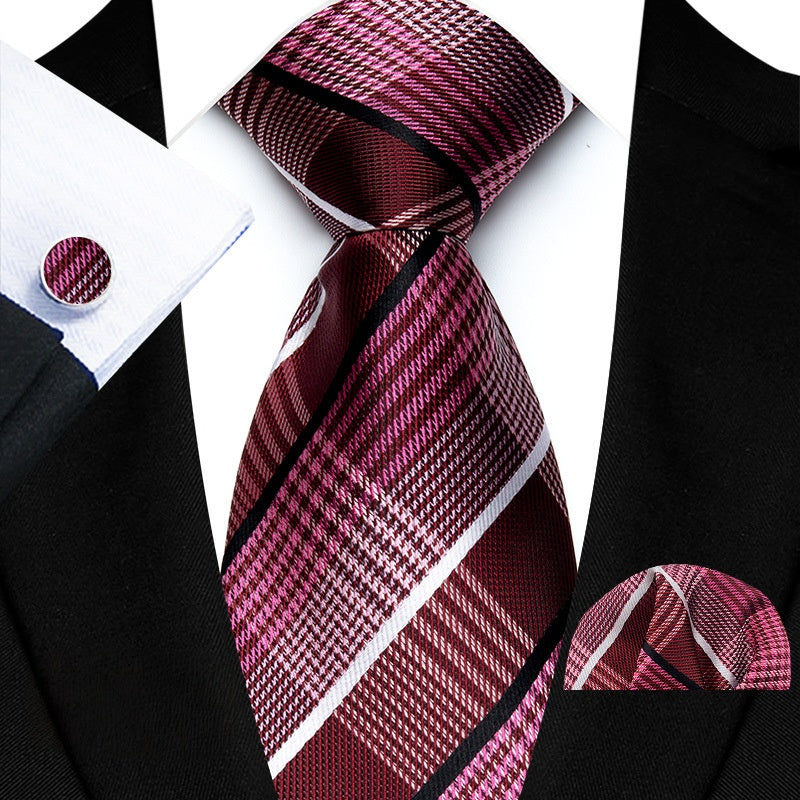 Sophisticated and stylish, this tie set features a beautiful burgundy and white crisscrossing pattern. Perfect for any formal occasion, the tie set adds a touch of elegance to any outfit. Made from high-quality material, it is durable and adds a polished look to your attire.