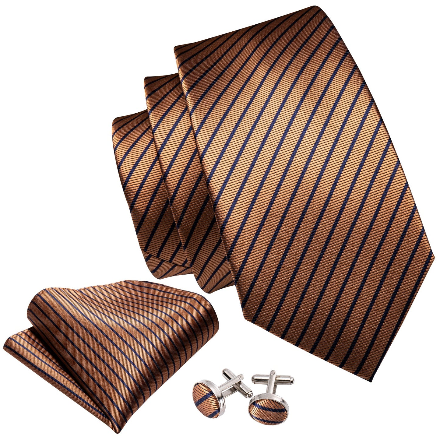 This image is a closer view of the premium silk tie, matching pocket square and matching cufflinks