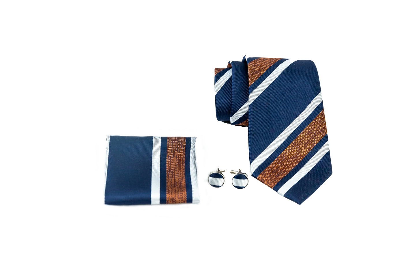 Navy Blue Silk Tie Set with Brown and white diagonal Stripes