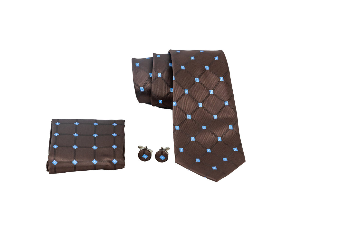 Chocolate Brown Tie Set with light blue Pattern