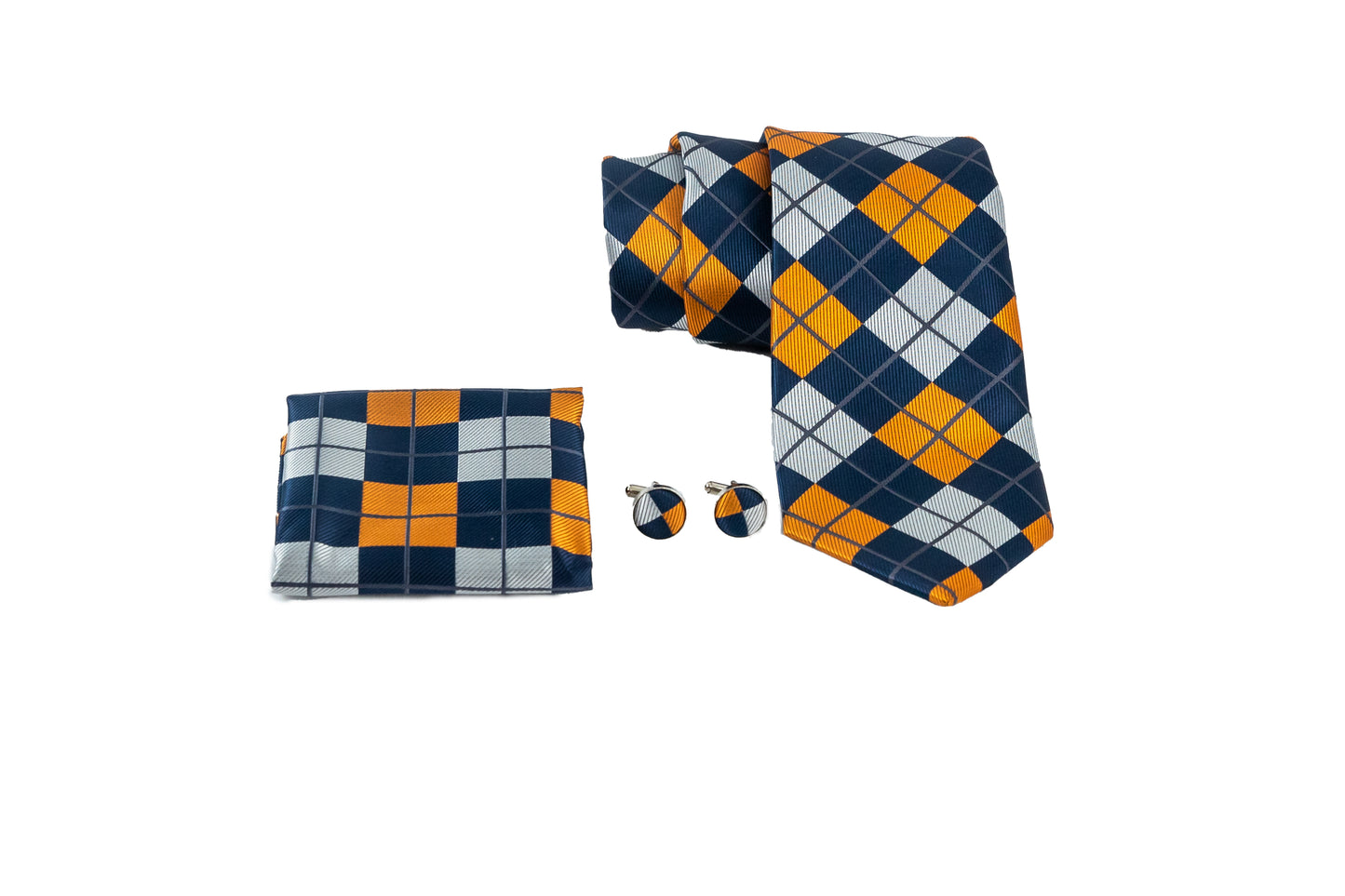 Navy Blue, Light Gray and Orange Pattern Silk Tie Set