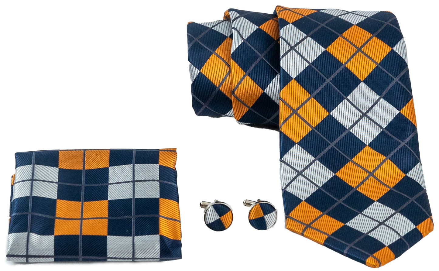 Navy Blue, Light Gray and Orange Pattern Silk Tie Set